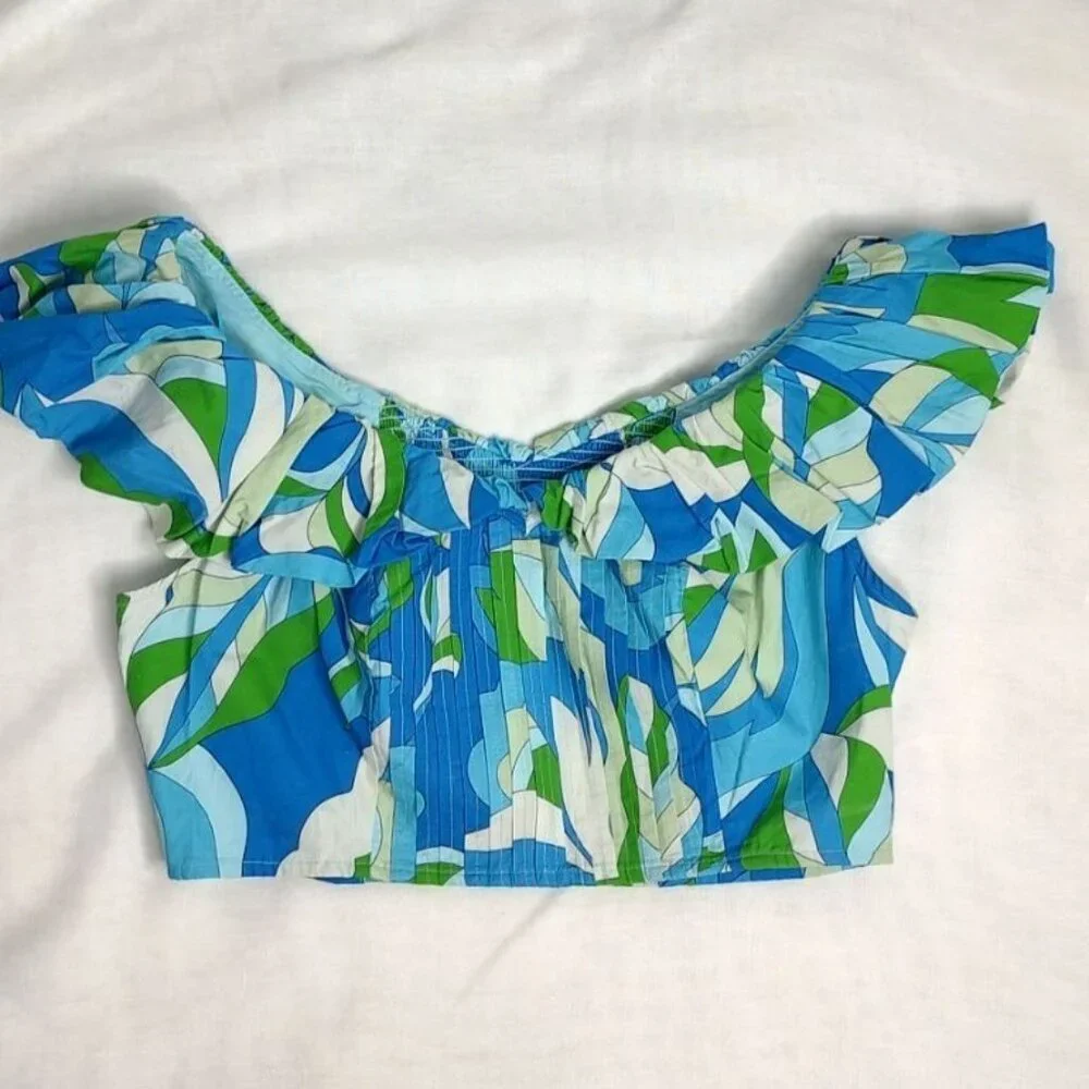 Anthropologie Maeve Top M Blue Puff Sleeve Ruffle Crop Top  V-Neck  Smocked - Picture 4 of 9